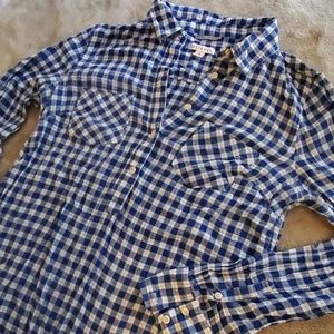 Blue and white plaid button down long sleeve shirt